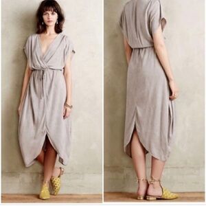 Anthropologie The Odells Taupe Short Sleeve Tulip Midi Dress-size Large Petite